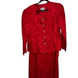 Vintage Melissa Red 2-Piece Dress Suit Set Size 16M Floral Jacquard Button-Up To